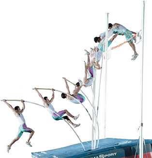 A series showing the chain of events that take place during a pole vaulter's jump. Energy is being converted from the moment he plants the pole into the base of the high bar to begin his jump through the air, and over the bar.