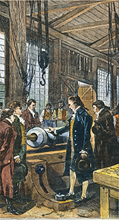 A portrait of Count Rumford examining a cannon barrel being made by a brass drill.