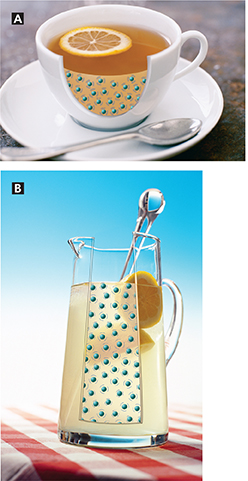 Diagram of a cup of tea with a slice of lemon floating on the top, and a pitcher of lemonade with a stirrer.  A section of the cup and pitcher walls have been removed to show the particles moving inside.
