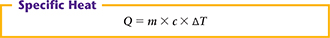 Equation:  Specific heat is equal  material is equal mass multiplied by specific heat and the change in temperature.