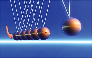 A row of balls set close to each other and held up by strings.