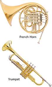 Image of a French horn and a trumpet which help to explain the last two properties of sound waves, frequency and pitch.  
<ul>
<li> The frequency of a sound wave depends on how fast the source of the sound is vibrating.</li>
<li>  Pitch is the frequency of a sound as you perceive it. Pitch depends upon a wave’s frequency.</li>
</ul>


