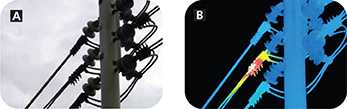 A utility line, with a regular lens (A) and with a thermogram (B). Thermograms are color-coded pictures
that show variations in temperature. The infrared rays in the darker picture show that there is heat on the lines. 