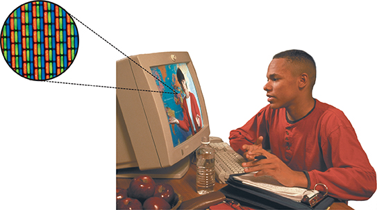 A male student looking at a computer screen with an excerpt zoomed in on the pixels, which are made up of only three basic colors. 