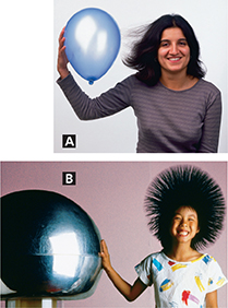 A woman holding a balloon next to her head with her hair clinging to it, and another image of a young girl touching a metal sphere, with her hair standing on its ends.