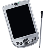 A  handheld PDA (personal data device) with a stylus.  This is an example of a mini computer that allows for portability and convenience.