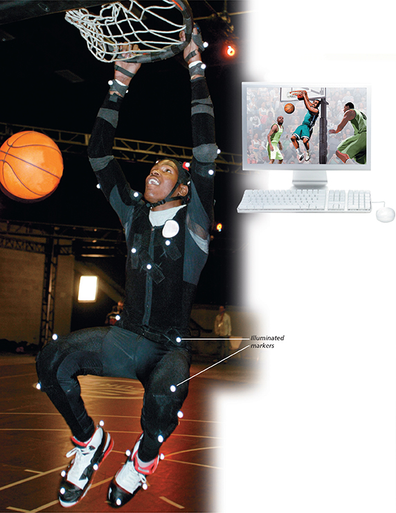 A basketball player hanging from a hoop, after making a dunk.  He is wearing human-movement tracking technology where his movements are being simulated by the players in the computer game.