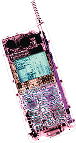 A clear mobile phone, showing the microchips that are contained inside.
