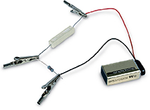 A circuit diagram created with a battery, with two wires attached.  Three metal alligator clips are attached to the wire as well.