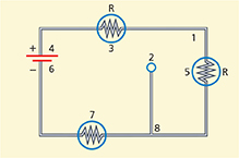 A circuit diagram, drawn as a rectangle.  Three bulbs are included, one on each side of the diagram. 