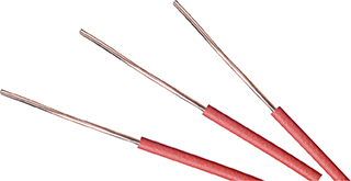 Three pieces of insulated wire with insulation on one end of each wire.