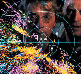 Two meteorologist looking at a weather radar.