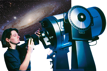 An astronaut works with a high powered telescope, used to study the Universe with the Andromeda Galaxy in the background.