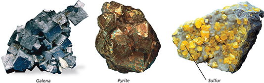 Three different pieces of minerals, galena, pyrite and sulphur. There is a difference in the luster of each.  