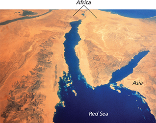 A map of the  Red Sea highlighting a section that is slowing moving apart between Africa and Asia caused by plate tectonics.