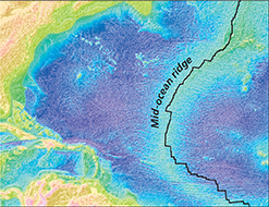 A satellite image of the ocean floor showing where the mid-ocean ridge or underwater mountains appear.