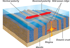 The diagram shows the  layers of the ocean floor separated into a parallel stripe pattern caused by the Earth’s magnetic field reversing itself many times (normal and reversed polarity) 