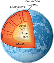 A cross section of the Earth to show the convection current that takes place in the mantle. It also shows the lithosphere, outer and inner core and the mantle.