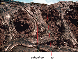 The lava flow of a quiet volcanic eruption.  This lava is known as pahoehoe or aa.  Pahoehoe is a hot, fast-moving lava with a ropelike surface.  The cooler, slow moving
lava with a chunky, crumbly appearance is called aa.