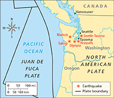 A map showing two tectonic plates: focused on Oregon and Washington state (North American plate) and the Juan de Fuca plate (under the Pacific Ocean).