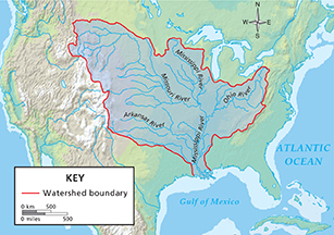 A map showing the boundaries of the Mississippi River watershed.  This watershed extends from the Rocky  Mountains in the west to the Appalachian Mountains in the east.
