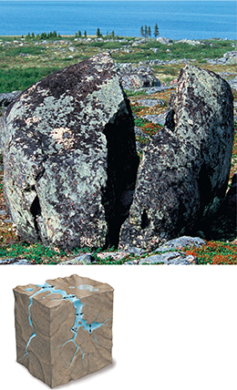The photograph is of a rock cracked open due to frost wedging. The inset diagram is of a rock that has cracks. The cracks are caused by the expansion in water when it converts to ice.
