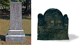 Two tombstones that have been weathered at different rates. 