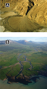 An aerial view of an alluvial fan (A) and deltas (B).