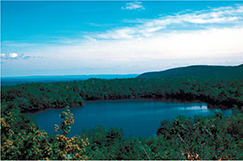 A circular lake surrounded by trees on all sides.  This lake was formed by glacial deposition.