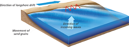 A diagram showing how long shore drift works. The diagram shows the direction of long shore drift and direction of incoming waves. It also shows the movement of sand grains.  