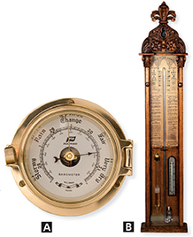 An aneroid barometer (A) and an antique mercury barometer, both used to measure air pressure.