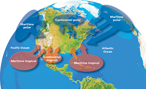 A diagram of the Earth showing how different air masses effect weather in North America.  The air masses that most affect weather in North America include maritime polar air masses, continental polar air masses, maritime tropical air masses, and continental tropical air masses.