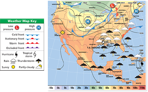 A weather map and key showing different weather systems.  