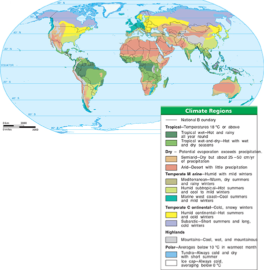 A geographical map identifying the major climates of the world.  Each area is shaded a different color to indicate its climate.  Factors that affect a region’s temperature include its
latitude, distance from large bodies of water, ocean currents, and altitude.