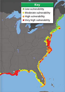 A map of the eastern United States identify many low-lying
parts that are vulnerable to rising sea levels.
