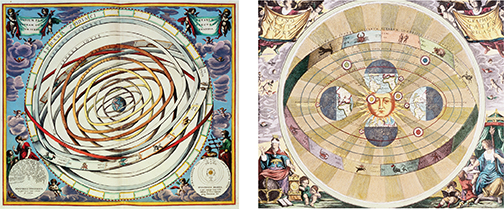 Drawing by Andreas Cellarius of heliocentric and geocentric maps side-by-side.   Geocentric maps depicts stars revolving around the Earth. Heliocentric map depicts stars revolving around sun.