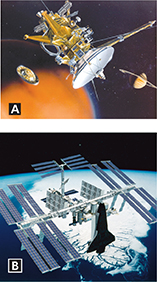 A set of two images. One of a space probe with Saturn and Titan in the background and the other of a space shuttle docked at the international space station in orbit above Earth.