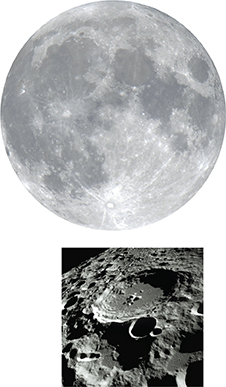 The moon with a zoomed in view of the craters on the surface of the moon.