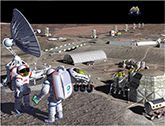 Computer general image of two astronauts with several structures in background displaying potential development method for the Moon.