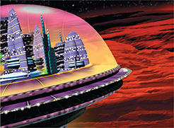 Computer general image of city covered by a glass dome as a terrestrial development method for Mars.