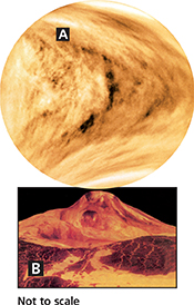 Image of Venus dense atmosphere taken from space and radar image of a surface volcano.