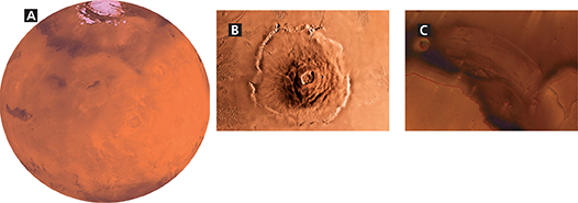 Image of Mars displaying (A) its ice caps to north (B) Olympus Mons as largest volcano in Solar System (C) valleys formed by water in past.