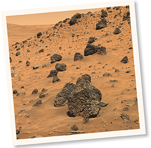 Sandy surface of Mars with scattered rocks and dark boulders.