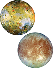 Jupiter's moons Io (upper left) and Europa (lower right)