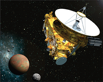 Computer generated image of the New Horizons space probe and the planet Pluto and its moons in the background.