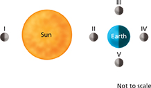 Illustration of the Sun and the Earth and five possible phases of the moon.