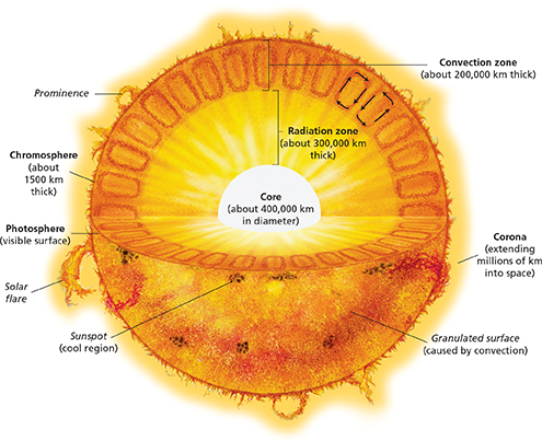 Diagram of the sun with cross section cut to show the different layers that form the core.  
