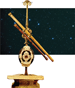 A telescope used by Giovanni Riccoli who discovered two stars orbiting each other.  A photo of stars in the background.  