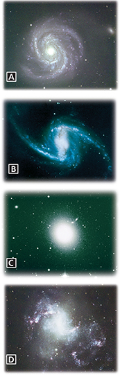 Examples of galaxies in spiral (A), barred-spiral (B), elliptical (C), and irregular (D) shapes.  These are the four main types of galaxies.