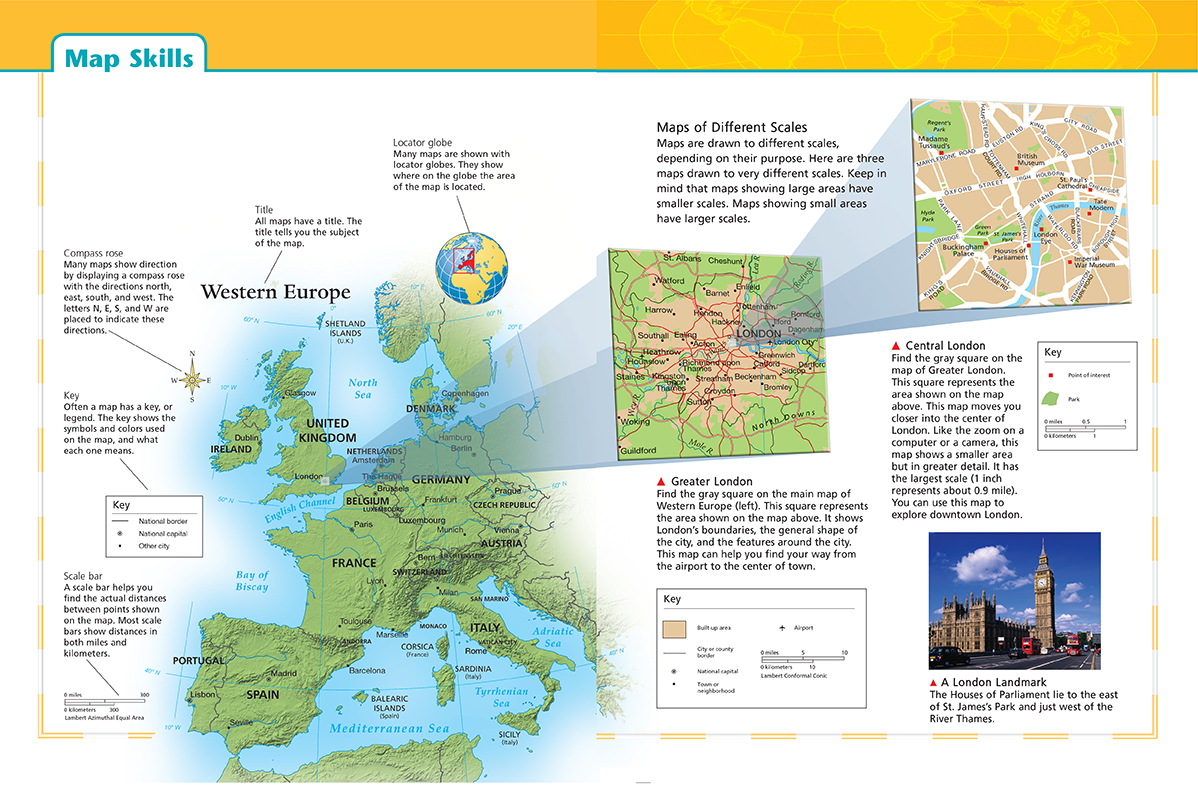 A map of Western Europe and clues on how to use a map. Inset images are also included to show the maps of different scales.
